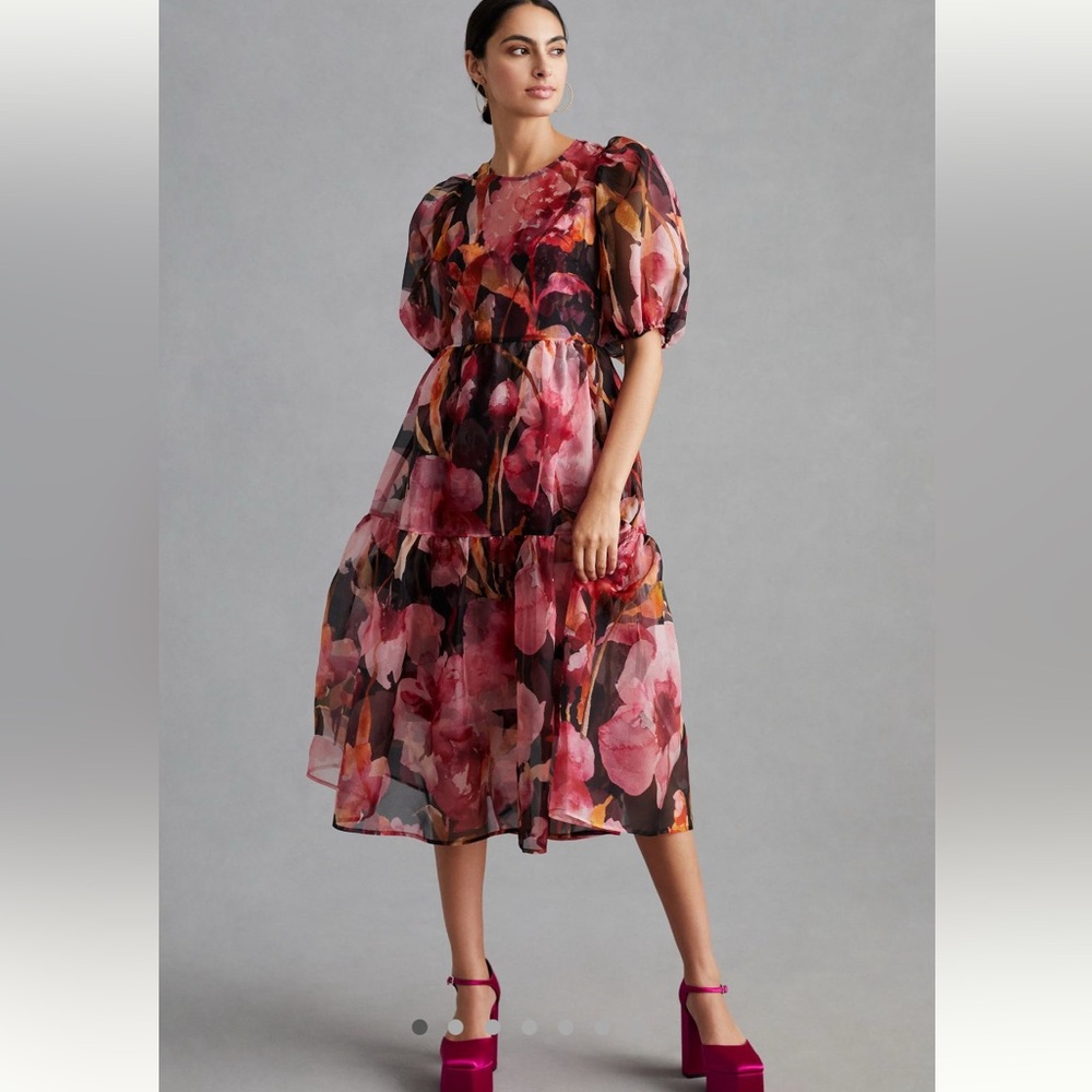 Anthropologie puff sleeve organza midi dress